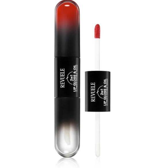 Revuele lip gloss and oil with applicator on a white background