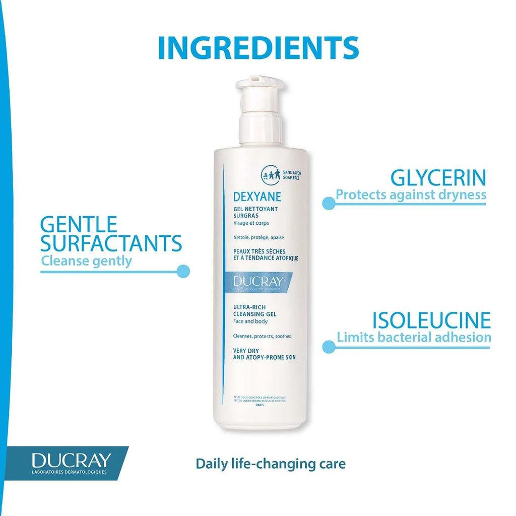 Ducray Dexyane Ultra-Rich Cleansing Gel, Face and Body - Very Dry and Atopy-Prone Skin 400ml