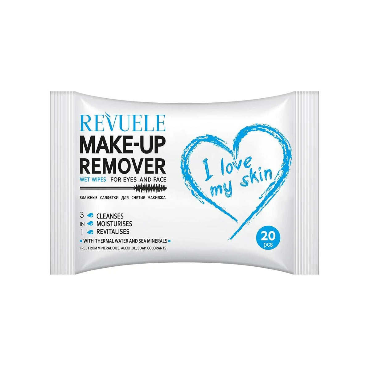 Revuele Wet Wipes Make-Up Remover - I Love My Skin For Eyes And Face With Thermal Water And Sea Minerals - Pack of 20
