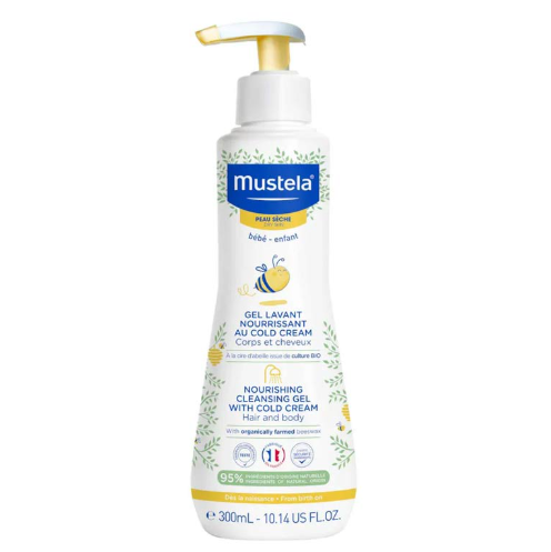 Mustela baby care product bottle on a white background
